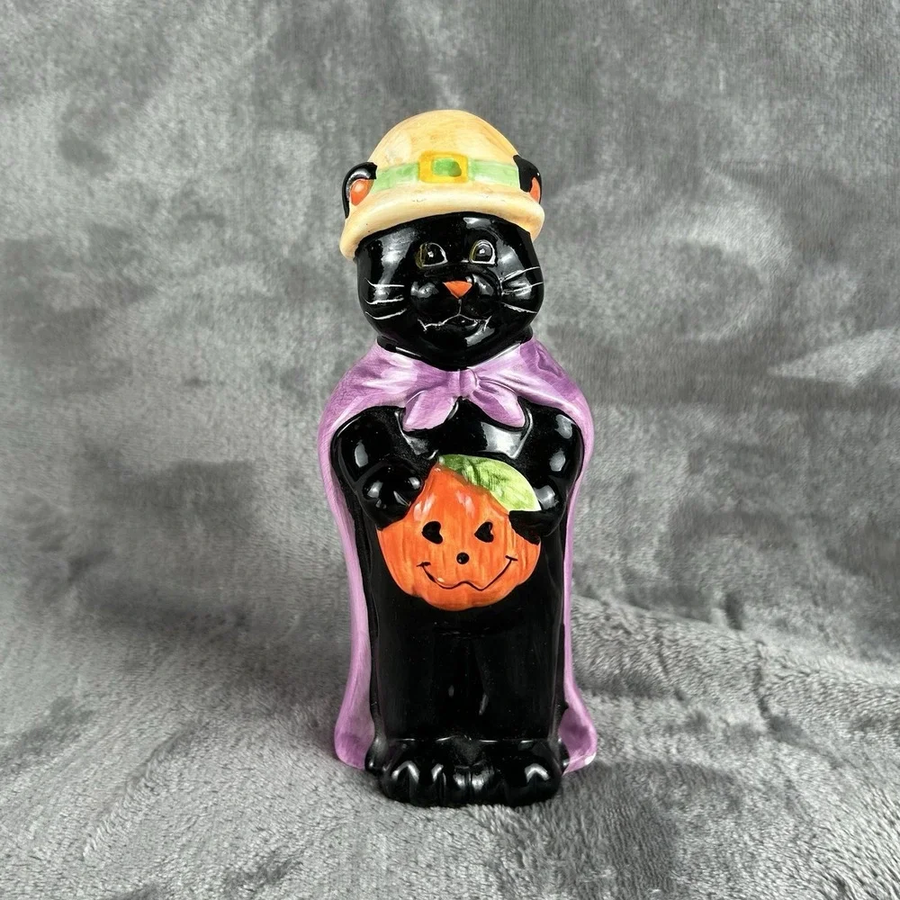 Vintage Ceramic Halloween Figurine Black Cat Dressed As‎ Witch W/ Jack O Lantern